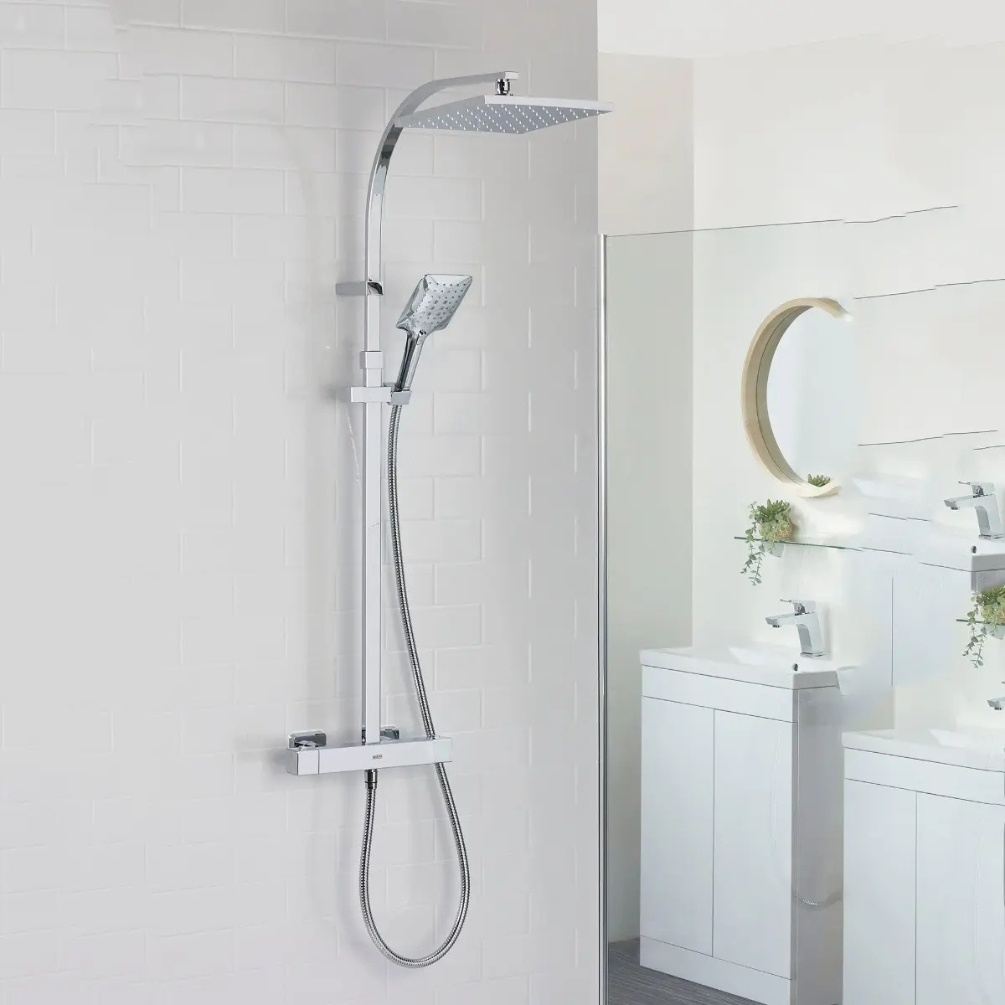 Zoomed out lifestyle image of the Bristan Qubo Chrome Thermostatic Shower Column